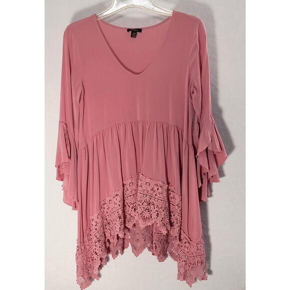 Cupio Boho Tunic Top Women's Size M Pink  3/4 Bell Sleeve Scalloped Lace Trim - Picture 6 of 13